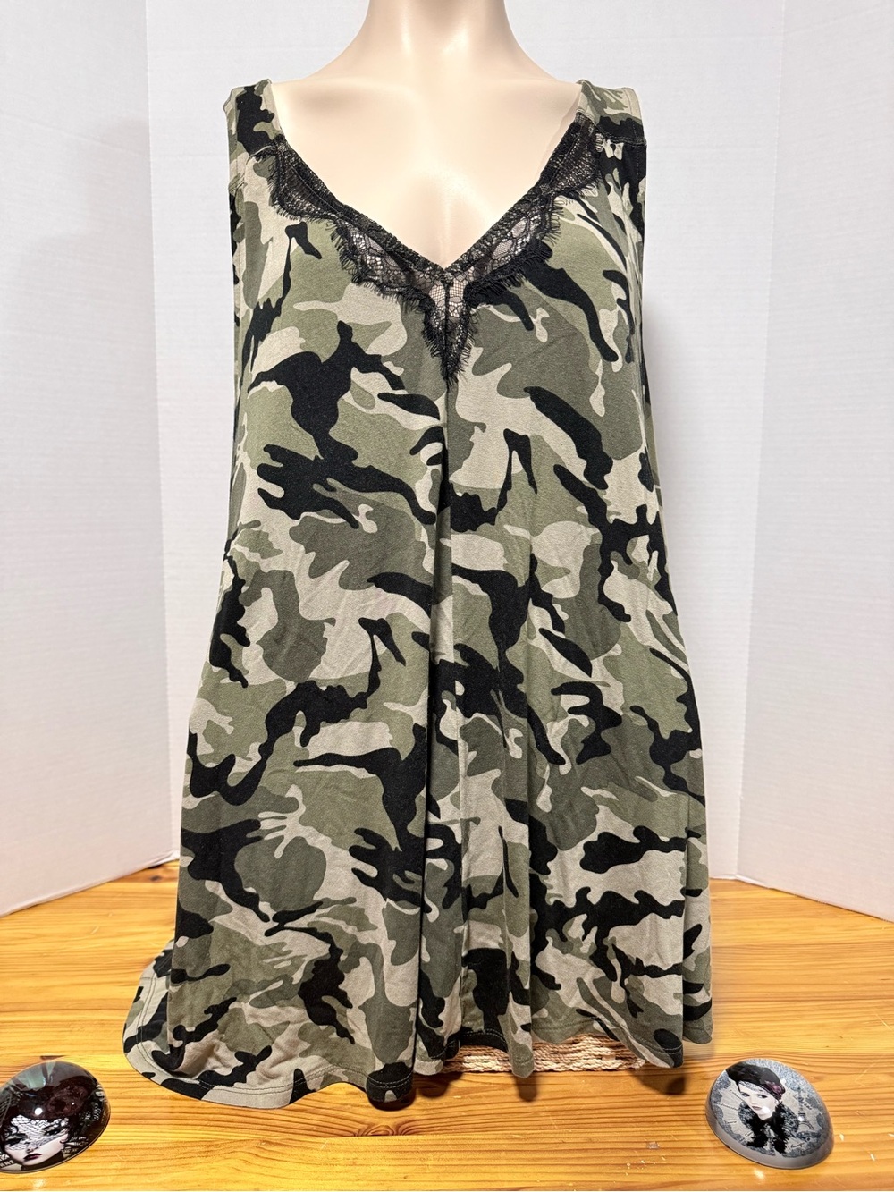 Addition Elle Olive Green Camo Lace-Trim Tank